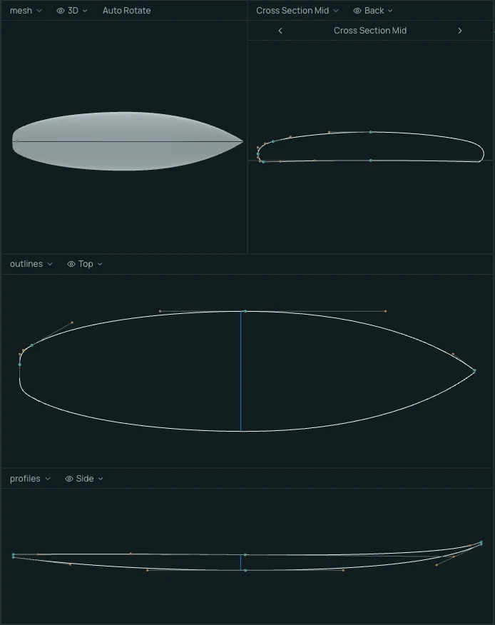 The 3D editor with a surfboard model open beside its outline and rocker controls.